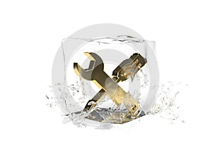 Gold tool screwdriver in cube of melting ice and drop water on isolated background