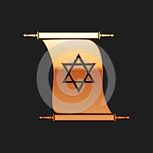 Gold Torah scroll icon isolated on black background. Jewish Torah in expanded form. Torah Book. Star of David symbol