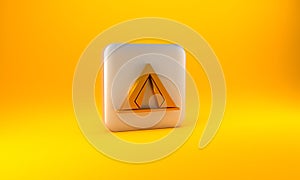 Gold Tourist tent icon isolated on yellow background. Camping symbol. Silver square button. 3D render illustration