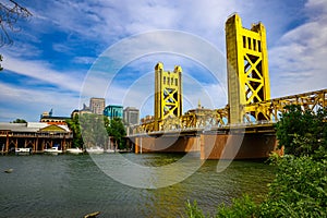 Gold Tower Bridge and Sacramento River in Sacramento, California