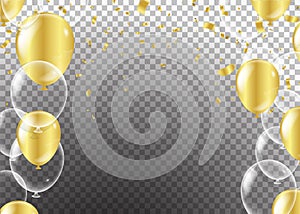 Gold transparent balloon on background balloons, vector illustration. Confetti and ribbons, Celebration background template with
