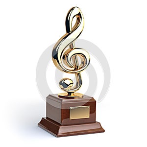 Gold treble clef s trophy on white. Music award concept