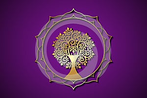Gold Tree of Life on Sacred lotus frame border logo template. Buddhism esoteric motifs, spiritual yoga. Golden Mandala