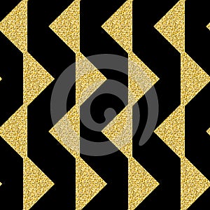 Gold triangle row, geometric seamless pattern black golden shimmer glitter background for design