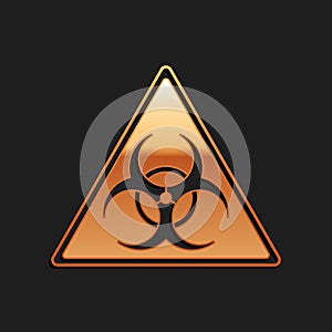 Gold Triangle sign with Biohazard symbol icon isolated on black background. Long shadow style. Vector