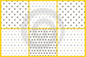 Gold triangles patterns set on white background. Abstract seamless repeating patterns. Minimal design with golden