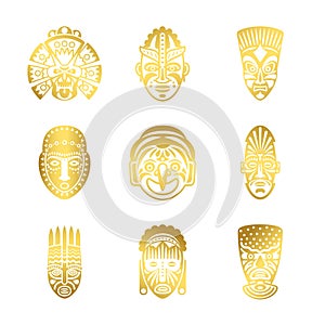 Gold tribal mask icons, ethnic masks vector isolated on white background