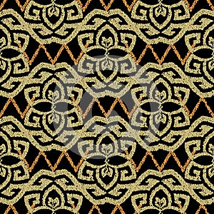 Gold tribal stippled vector seamless pattern. Grunge textured greek background. Stippling texture. Dotted greek key