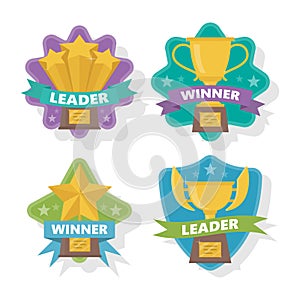 Gold trophies of shape of stars or bowls . The concept of victory. Vector illustration.