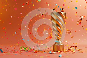 Gold trophy. Background with colorful serpentine and confetti. Generative AI