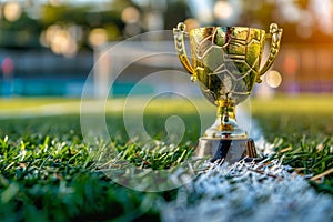 Gold trophy on the background of a football field. Generative AI