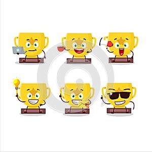Gold trophy cartoon character with various types of business emoticons