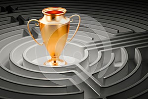 Gold trophy cup award inside labyrinth maze. 3D rendering