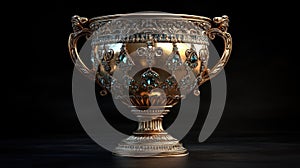 A gold trophy cup on a black background
