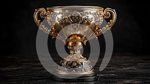 A gold trophy cup on a black background
