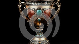 A gold trophy cup on a black background
