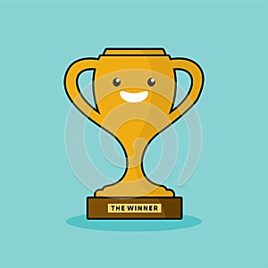 Gold trophy cup character icon isolated on blue background
