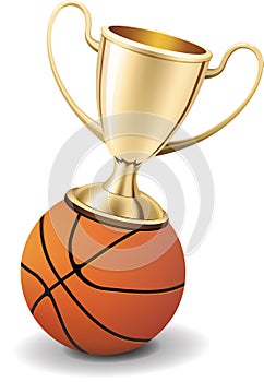 Gold trophy cup on top of the basketball ball