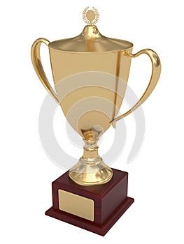 Gold trophy cup on wood pedestal