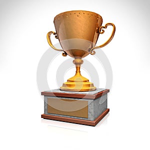 Gold trophy cup on wood pedestal