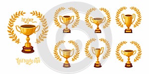 Gold trophy cups with laurel wreaths. Trophy award cups set with different shapes - 1st place winner trophies. Cartoon