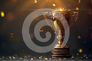gold trophy gleaming on a pedestal, symbolizing success, presented in a banner with stylish design for a sophisticated