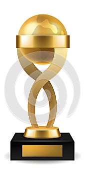 Gold trophy. Golden planet Earth, sports and music goblet, blank sign. Winner competition awards, realistic isolated