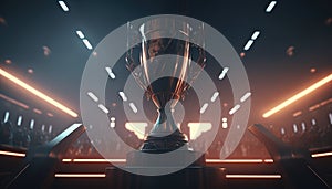 Gold trophy in the middle of E-sport, arena, Play to win on the screen 3d rendering illustration.
