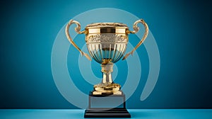Gold Trophy with Ornate Handles on a Blue Background Representing Achievement and Excellence. Generative AI photo