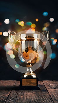 Gold trophy over wooden table and dark background with abstract shiny lights, symbolizing victory