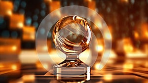 Gold trophy on top of an abstract glass sculpture. The trophy is positioned in center, standing tall and proudly