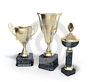 Gold trophys cup 3d illustration on white