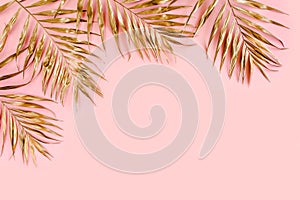 Gold tropical palm leaves on pink background. Flat lay, top view minimal concept.