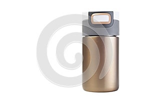 Gold tumbler glass cold store. Stainless steel thermos tumbler mug isolated on white background.