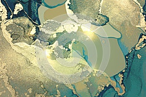 Gold and turquoise abstract alcohol ink marble texture