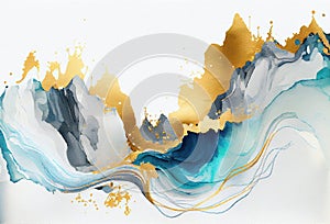 Gold and turquoise marbling abstract background, waves and splashes