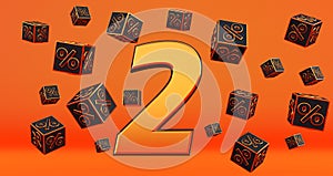 Gold two 2 percent number with Black cubes  percentages fly on a orange background.