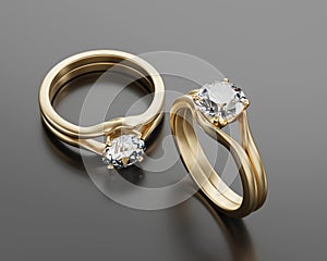 Gold Two Diamond ring Placed on glossy background, 3d rendering