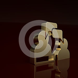 Gold Two sitting men talking icon isolated on brown background. Speech bubble chat. Message icon. Communication or