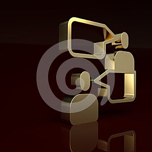 Gold Two sitting men talking icon isolated on brown background. Speech bubble chat. Message icon. Communication or