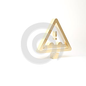 Gold Uneven road ahead sign. Warning road icon isolated on white background. Traffic rules and safe driving. 3d