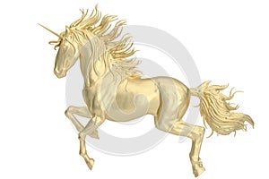 Gold unicorn isolated on white background. 3D rendering. 3D illustration