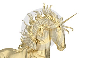 Gold unicorn isolated on white background. 3D rendering. 3D illustration