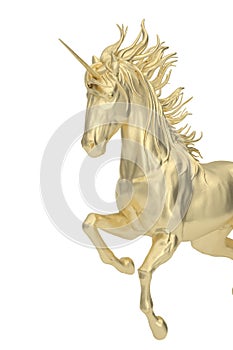 Gold unicorn isolated on white background. 3D rendering. 3D illustration