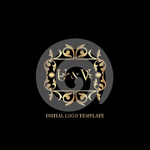 Gold UV Initial logo. Frame emblem ampersand deco ornament monogram luxury logo template for wedding or more luxuries identity