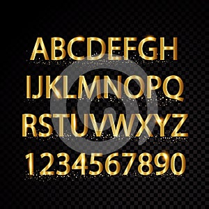 Gold vector alphabetical letters and numbers isolated on black background