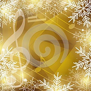 Gold vector background with music notes and snowflakes for christmas