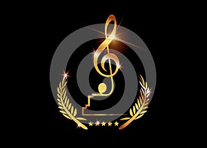 Gold vector best music awards winner concept template with golden shiny text and violin key isolated or black background