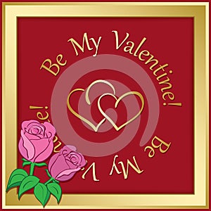 Gold vector frame on red background with hearts and roses - vale