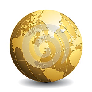 Gold vector globe. Glossy Earth business concept icon.